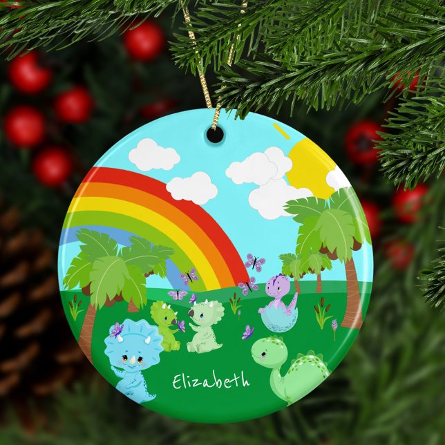 Baby Dinosaurs with Butterflies, Rainbow und Sun Keramik Ornament (Von Creator hochgeladen)