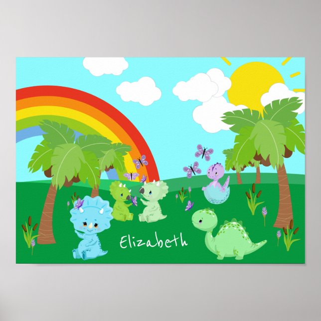 Baby Dinosaurs with Butterflies, Rainbow und Sun Poster (Vorne)