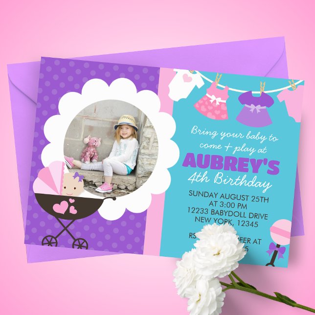 Baby Doll Birthday Party Foto Einladungen (Baby Doll 1 Picture Birthday Party Invitations. Available printed or digital download)