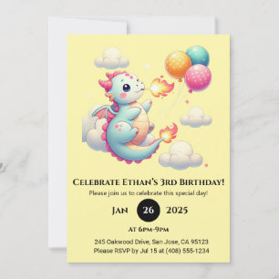 Baby-Drache mit Luftballons im Himmel Geburtstag Einladung