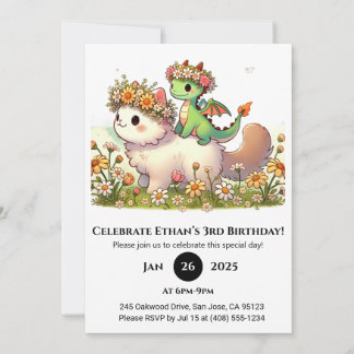 Baby-Drache und flauschige Katze zum Blumen-Geburt Einladung