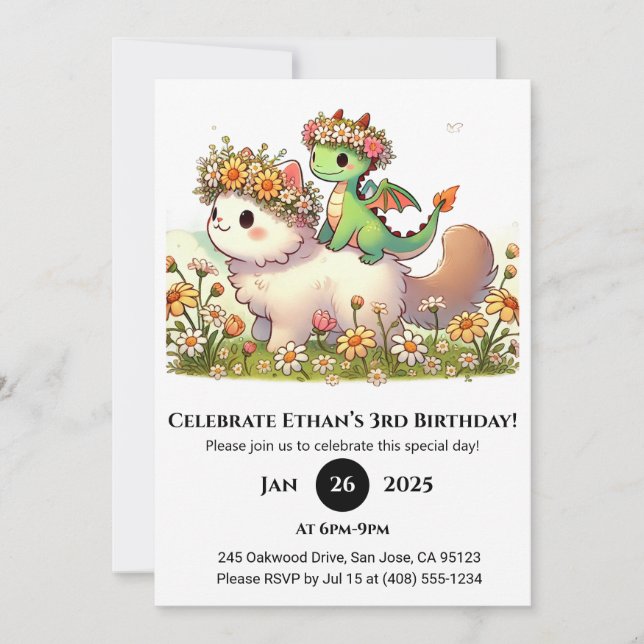 Baby Dragon and Fluffy Cat in Flower Birthday Einladung (Vorderseite)