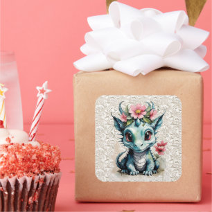 Baby Dragon mit rosa Blume und Spitzen Quadratischer Aufkleber