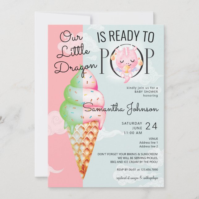 Baby Dragon Ready to Pop Ice Cream Baby Dusche Einladung (Vorderseite)