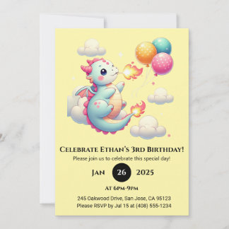 Baby Dragon with Balloons in the Sky Birthday Einladung