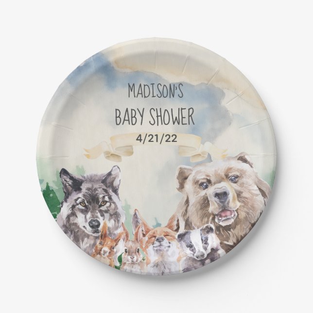 Baby Dusche Adorable Woodland Tiere Wasserfarbe Pappteller (Vorderseite)