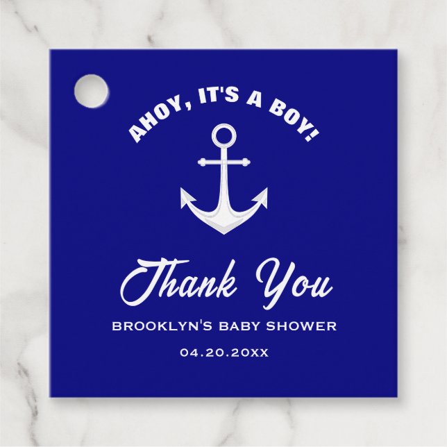 Baby Dusche Ahoy sein a Boy Anchor Navy Blau Weiß Geschenkanhänger (Vorderseite)