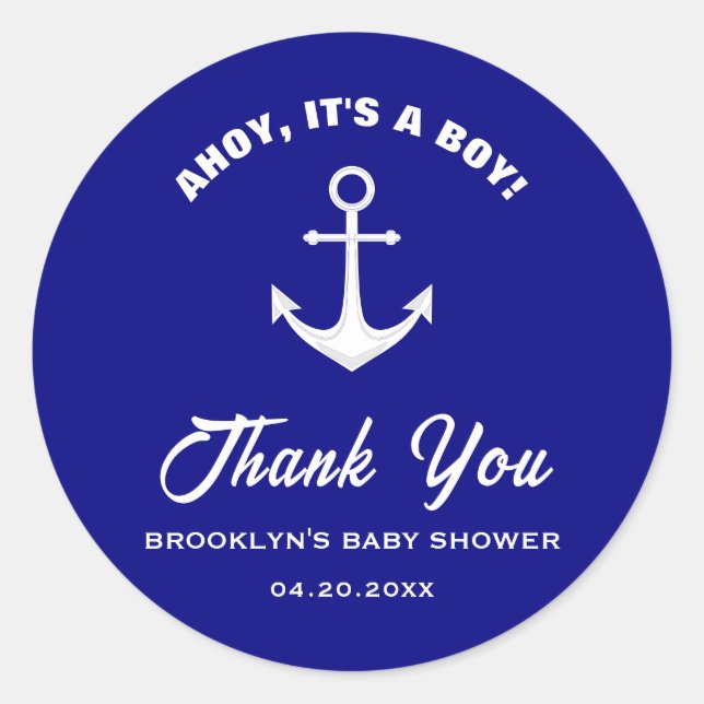 Baby Dusche Ahoy sein a Boy Anchor Navy Blau Weiß Runder Aufkleber (Vorderseite)
