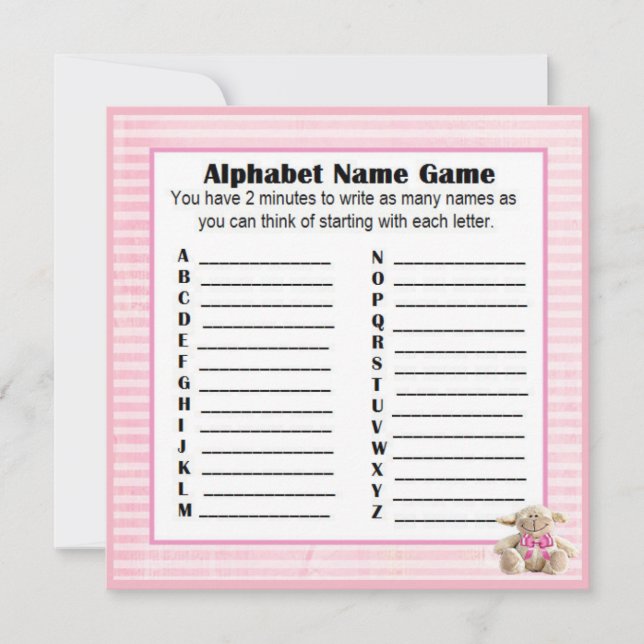 Baby Dusche Alphabet Name & Bingo Spiel Pink Lamm Einladung (Vorderseite)