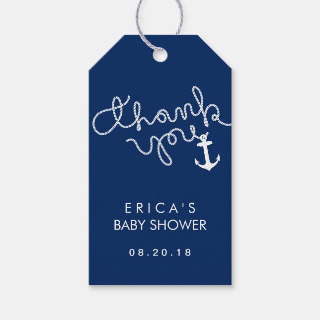 Baby Dusche Anchor & Rope Navy Blue Vielen Dank Geschenkanhänger (Vorderseite)