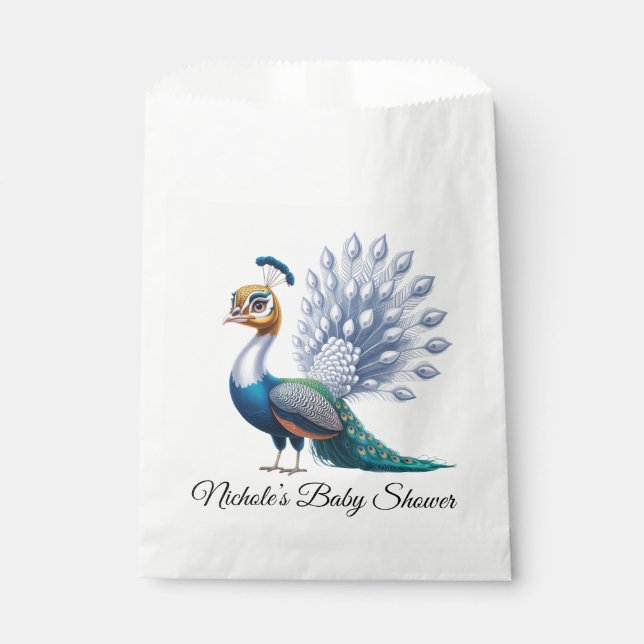 Baby-Dusche aus weißem und goldfarbenem Pfau Geschenktütchen (Vorderseite)
