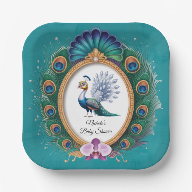Baby-Dusche aus weißem und goldfarbenem Pfau Pappteller (Vorderseite)