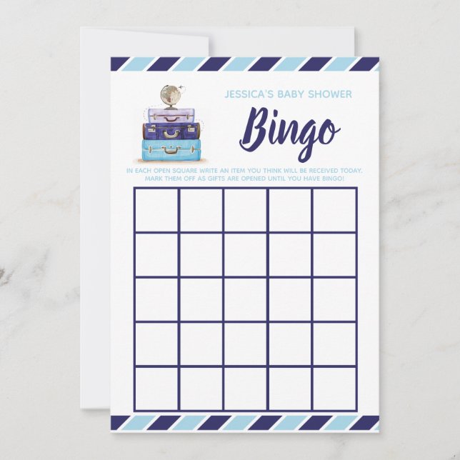 Baby Dusche Bingo Blue Reise-Thema Spiel Einladung (Vorderseite)