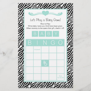 Baby Dusche Bingo Game Chic Aqua Mint Zebra