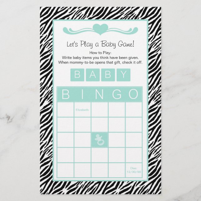 Baby Dusche Bingo Game Chic Aqua Mint Zebra (Vorderseite)