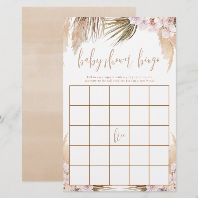 Baby Dusche Bingo Pampas Gras Thema boho (Vorne/Hinten)