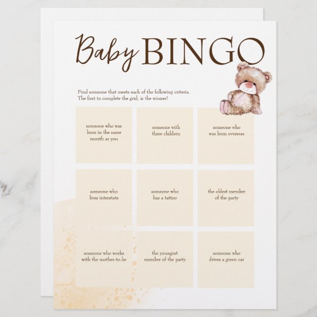 Baby Dusche Bingo Spiel braun personalisierte Vorl Briefbogen (Vorne/Hinten)