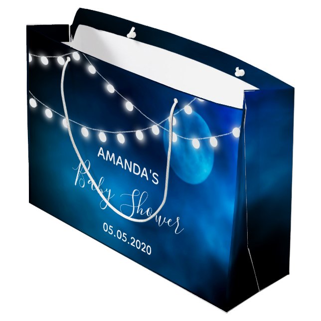 Baby Dusche blauer Mond heller String Name Große Geschenktüte (Rückseite Schrägansicht)