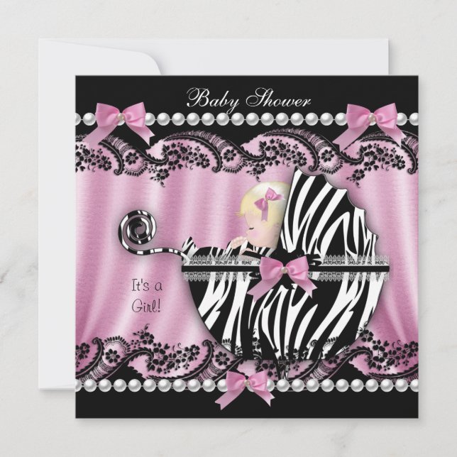 Baby Dusche Blonde haarige Girl Pink Zebra 2 Einladung (Vorderseite)
