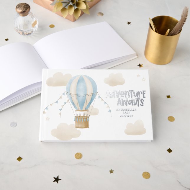 Baby Dusche Blue Heißluftballon Abenteuer erwartet Gästebuch (Vorderseite Offen)