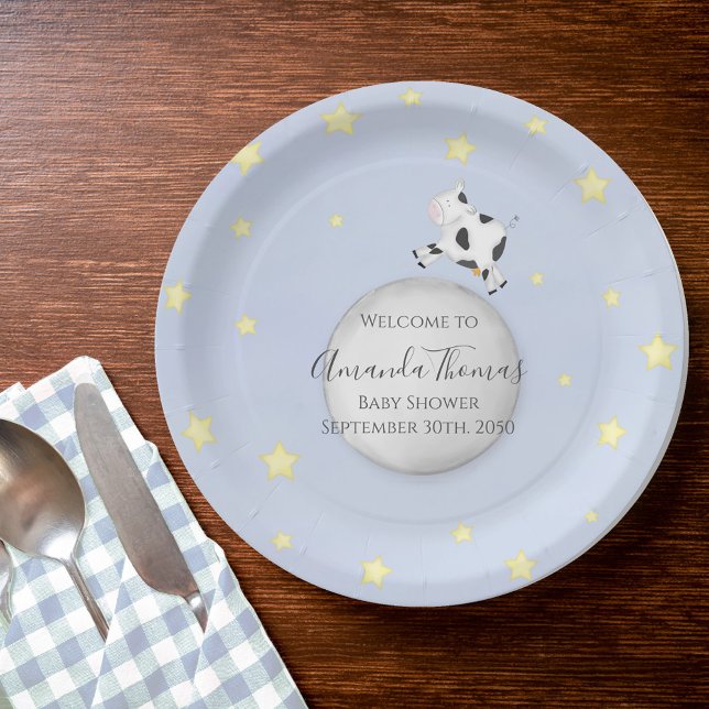 Baby Dusche Blue Kinderzimmer Rhyme Custom Pappteller (Baby shower cow jumped over the moon custom paper plate.)