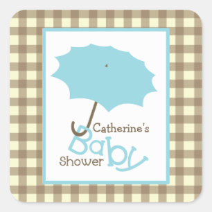 Baby Dusche Blue Umbrella & Brown Gingham Quadratischer Aufkleber