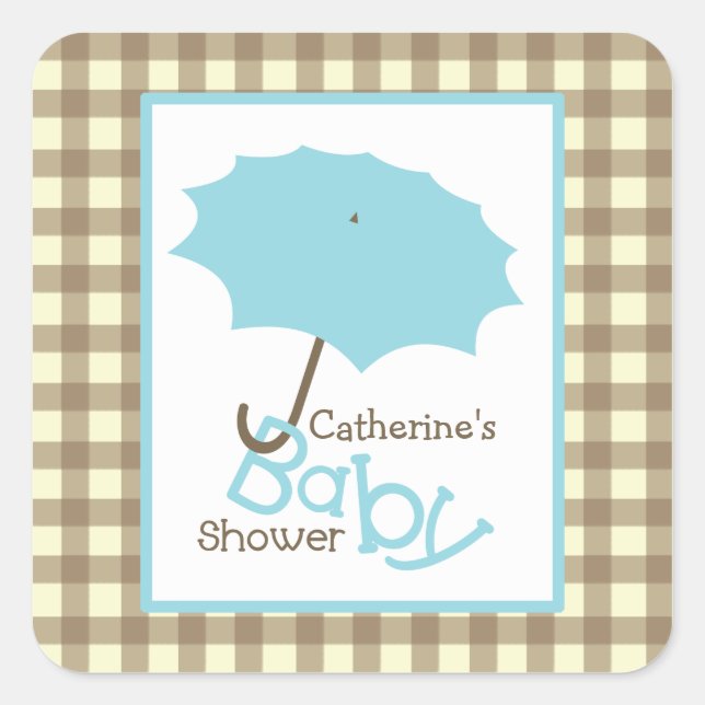 Baby Dusche Blue Umbrella & Brown Gingham Quadratischer Aufkleber (Vorderseite)