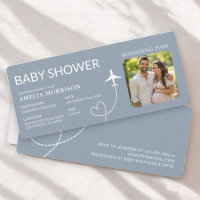Baby Dusche Boarding Pass Flugzeug Dusty Blue Tick