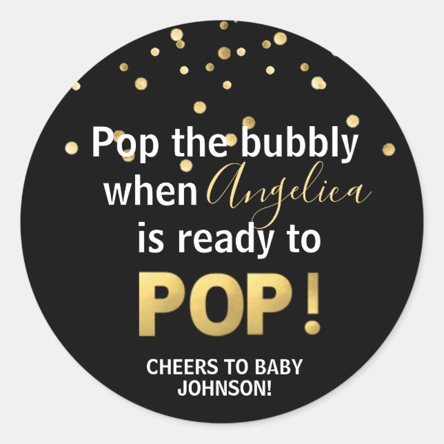 Baby Dusche Bubbly POP Champagne Black Gold Runder Aufkleber (Vorderseite)