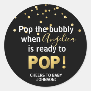 Baby Dusche Bubbly POP Champagne Black Gold Runder Aufkleber