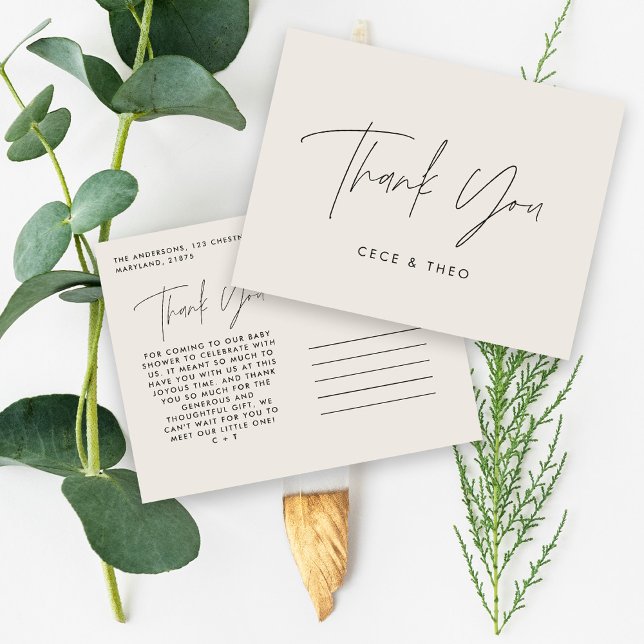 Baby Dusche Dank schwarz creme elegant modern Postkarte (Von Creator hochgeladen)