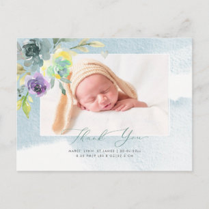 Baby Dusche Danke Watercolor Dusty Blue Peony Postkarte