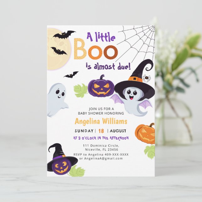 Baby Dusche Einladung für Little Boo Halloween. (Stehend Vorderseite)