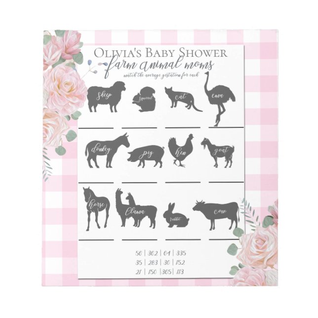 Baby Dusche Farm Animal Games Pink Roses Gingham Notizblock (Vorderseite)
