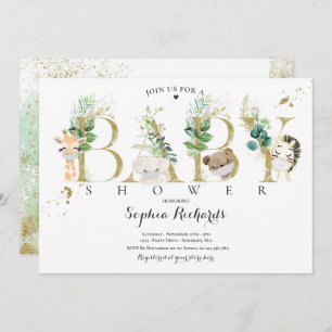 Baby-Dusche für Grünpflanzen und Goldsafari-Tiere Einladung