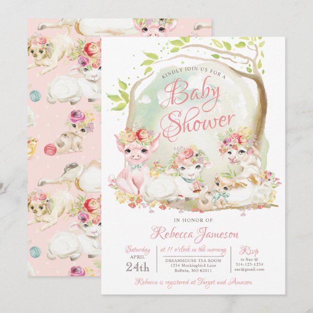 Baby-Dusche für Landtiere Einladung (Vorne/Hinten)