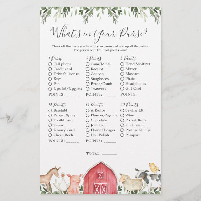 Baby-Dusche für Landtiere, was in Ihrer Tasche ist (Vorderseite)