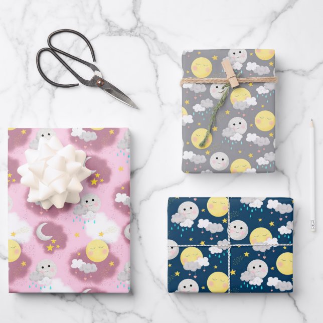 Baby-Dusche für Sleepy Sun and Moon  Geschenkpapier Set (Vorderseite)
