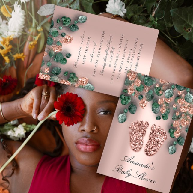 Baby Dusche Glitzer Feet Rose Eukalyptus Woodland Einladung (Baby Shower Glitter Feet Rose Eucalyptus Woodland Invitation)