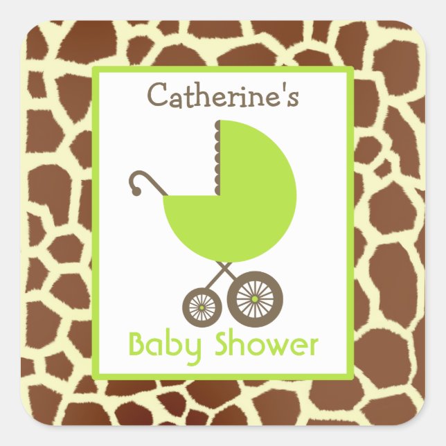 Baby Dusche Green Carriage & Giraffe Print Quadratischer Aufkleber (Vorderseite)