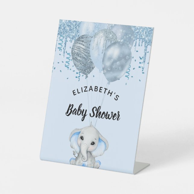 Baby Dusche hellblaue Elefantenjunge Ballons Sockelschild (Vorderseite)