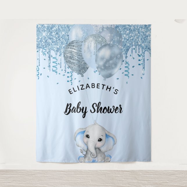 Baby Dusche hellblauer Glitzer Elefantenjunge Silb Wandteppich (Vorderseite)