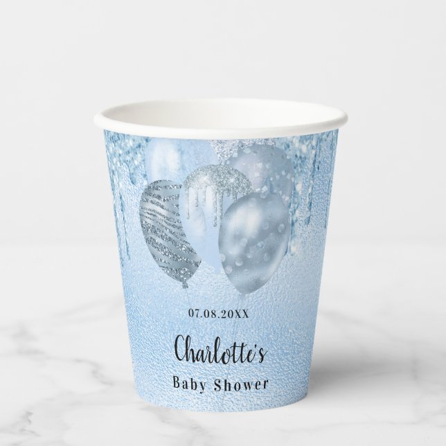 Baby Dusche hellblauer Tropfen Ballons Pappbecher (Vorderseite)