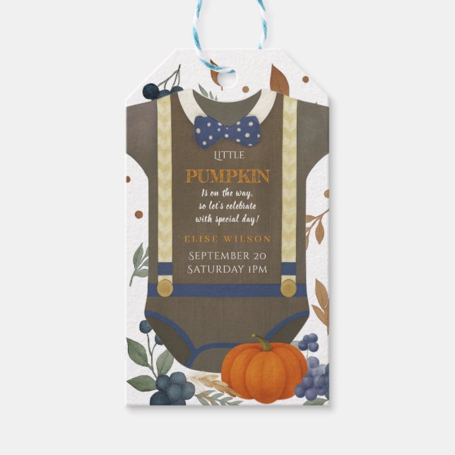 Baby Dusche Herbst blauer Bodysuit Geschenkanhänger (Vorderseite)