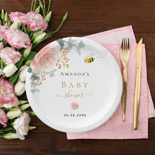 Baby Dusche Hummel Rosa Blumengrün Mädchen Pappteller