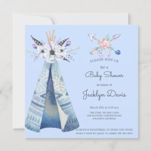 Baby Dusche Indian Teepee Feathers Blume Blue Einladung