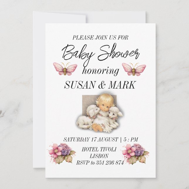 Baby Dusche Kind mit Lamm-Magnet Einladung (Vorderseite)