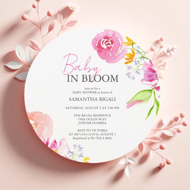 Baby Dusche lädt Pink Baby in Bloom ein Einladung (Baby in bloom baby shower invitations for girl features watercolor floral art Victoria Grigaliunas)