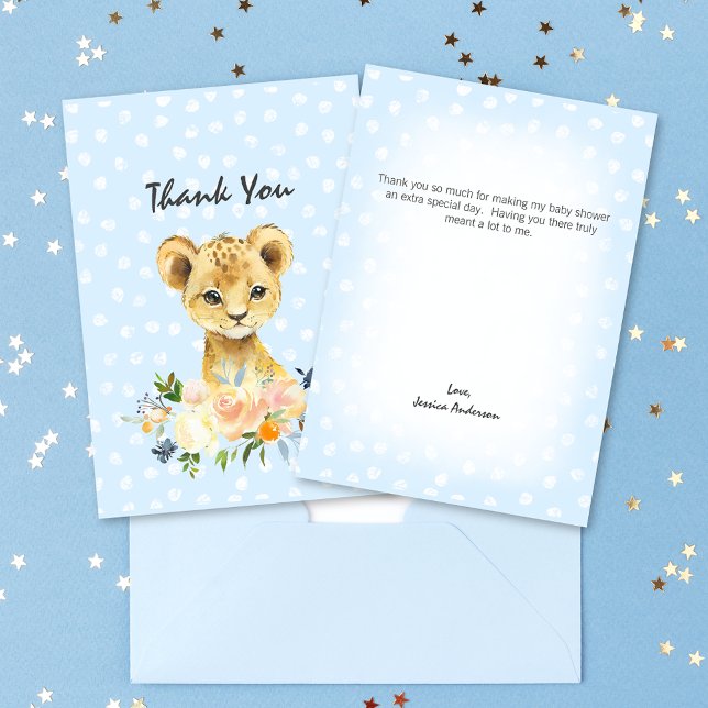 Baby Dusche Lion Cub Floral Blue Vielen Dank Dankeskarte (Von Creator hochgeladen)