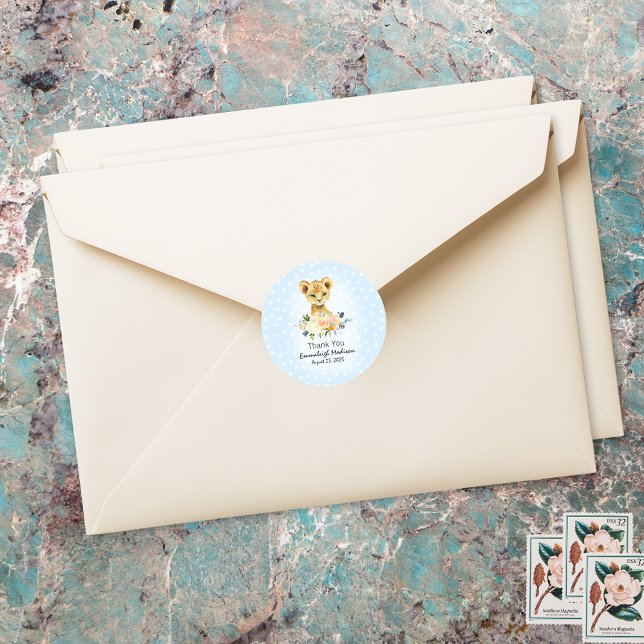 Baby Dusche Lion Cub Floral Blue Vielen Dank für I Runder Aufkleber (Von Creator hochgeladen)